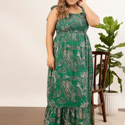 CURVY STREET Plus Size Green Ethnic Motifs Printed Shoulder Straps Smocked Maxi Dress-picture-24
