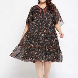 Antheaa Curve Plus Size Floral Printed Flared Sleeves Tiered A-Line Dress-image-59