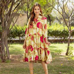 Ambraee Floral Printed Cuffed Sleeves Cotton Tiered Fit & Flare Dress-image-22