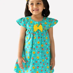 Campana Girls Floral Print Round Neck Cap Sleeves Cotton A-Line Dress-image-65