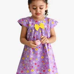 Campana Girls Floral Print Cotton Round Neck Cap Sleeves Opaque A-Line Casual Dress-image-20