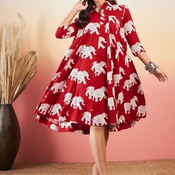 InWeave Conversational Printed Shirt Collar A-Line Dress-18