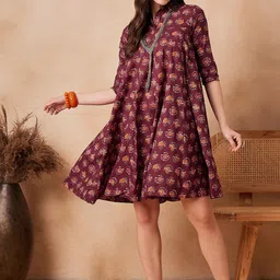 InWeave Floral Printed Shirt Collar Cotton Fit & Flare Dress-image-63