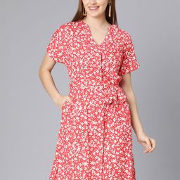 Oxolloxo Women Red Floral Satin A-Line Dress-image-83