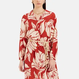 Kazo Floral Printed Mandarin Collar Long Sleeves A-Line Dress-19