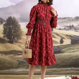 Tokyo Talkies Maroon Floral Printed High Neck Bishop Sleeves Fit and Flare Dress-image-20
