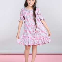 StyleStone Girls Pink Floral Print Cold-Shoulder Cotton A-Line Dress-image-55
