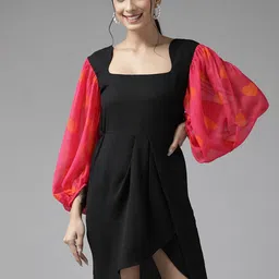 PANIT Women Black Georgette Asymmetric Hem A-Line Dress-image-16