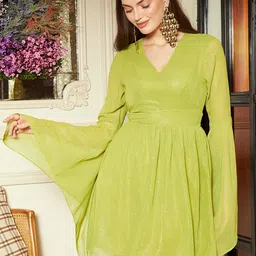 KASSUALLY Sparkle Foil Knitted Green V-Neck Flared Sleeves Gathered Mini Fit Flare Dress-image-84