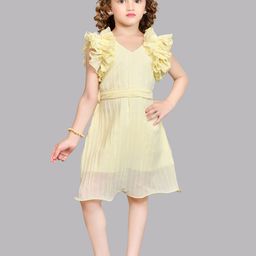 Pink Chick Girls Striped V-Neck Accordion Pleats Ruffled Georgette A-Line Dress-image-33