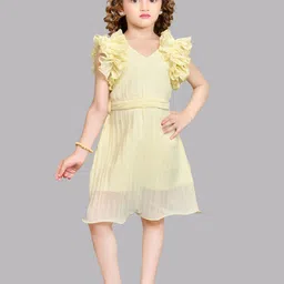 Pink Chick V Neck Flutter Sleeve Ruffled Georgette A-Line Dress-image-59