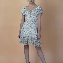 RAASSIO Sqaure Neck Floral Printed Georgette A-Line Dress-image-34