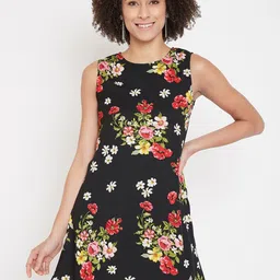 La Zoire Black Floral Printed Georgette A-Line Dress-image-61