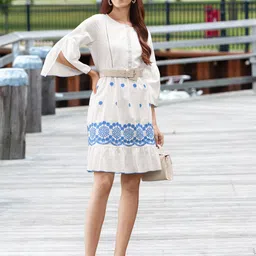 Global Desi Women White Floral printed A-Line Dress-image-1