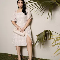CURVE BY KASSUALLY Plus Size Beige Polka Dot Print Puff Sleeves Crepe A-Line Dress-19