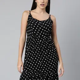 EVERYDAY by ANI Black Polka Dots Printed Shoulder Straps Gathered Tiered A-Line Dress-picture-14