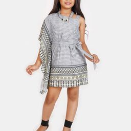 Peppermint Girls Geometric Printed One Shoulder Extended Sleeves Satin Kaftan Dress-picture-16