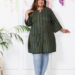 KALINI Plus Size Striped Mandarin Collar Cotton A-Line Dress-image-3