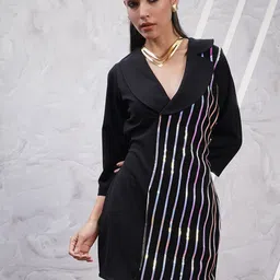 Athena Black Striped Embroidered A-Line Disco Dress-picture-1