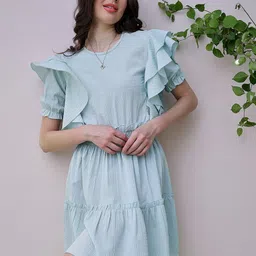 Athena Green Self Design Round Neck Puff Sleeve Ruffled Seersucker Fit & Flare Dress-90