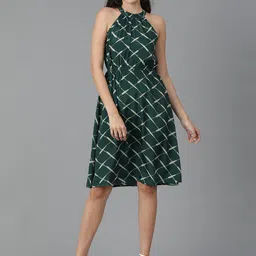 Kotty Geometric Printed High Neck Sleeveless A-Line Dress-image-56