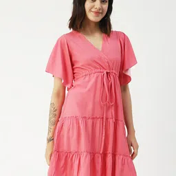 Moomaya V-Neck Flutter Sleeves Tiered A-Line Dress-picture-0