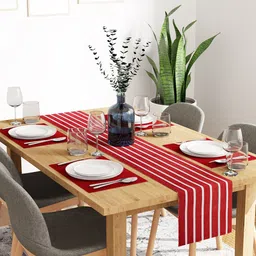 Encasa Homes Red & White 5 Pcs Striped Cotton Table Linen Set-32