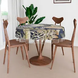 Kuber Industries Blue PVC Green Leaf Design 4 Seater Round Table Cover-87