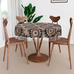 Kuber Industries Black & Grey Rangoli Design Round 4-Seater Table Cover-22