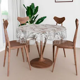 Kuber Industries White Printed Leaf Design 4-Seater Round Table Cover-image-48