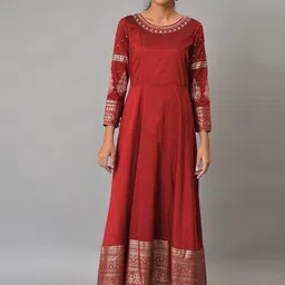 W Red Embellished Fit & Flare Maxi Ethnic Dress-image-24