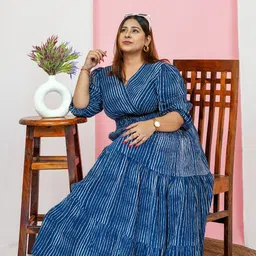 DEEBACO Plus Size Striped Puff Sleeves Smocked Tiered Maxi Dress-51