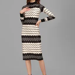 PURVAJA Beige & Black Geometric Printed High Neck Bodycon Midi Dress-image-76