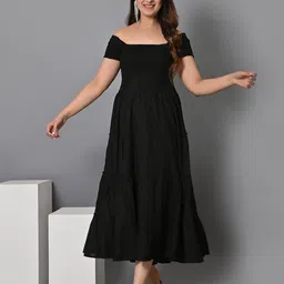 IQRAAR Square Neck Smocked Tiered Fit & Flare Midi Dress-image-31
