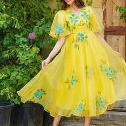 Ambraee Women V-Neck Flared Sleeves Floral Chiffon Fit & Flare Midi Dress-image-68