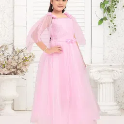 BAESD Girls Embellished Square Neck Flared Sleeve Net Fit & Flare Maxi Dress-43