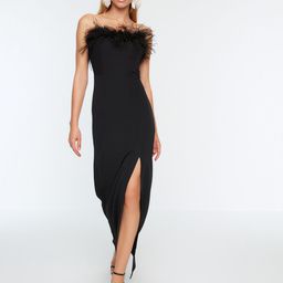 Trendyol Faux Fur Trim Side Slit Strapless Maxi Dress-image-38