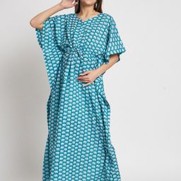 Aujjessa Conversational Printed V-Neck Pure Cotton Maternity Feeding Kaftan Maxi Dress-picture-2