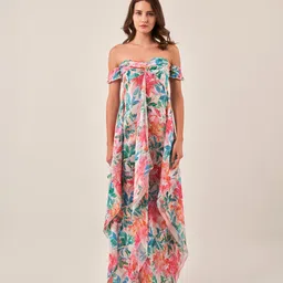 SOTBELLA Floral Printed Off-Shoulder Smocked Crepe Maxi Dress-image-57