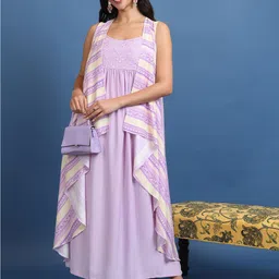 Vishudh Lavender Geometric Embroidered Shoulder Straps A-Line Dress With Jacket-image-36