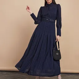 Styli Striped Shirt Collar Cuffed Sleeves Semi-Sheer Belted Maxi Dress-picture-16