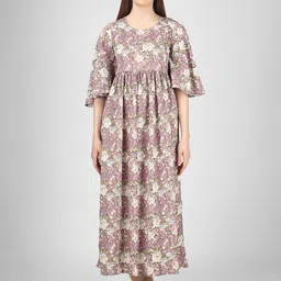 misbis Floral Printed Flared Sleeve Midi Pure Cotton Fit and Flare Maternity Dress-image-2