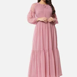 BAESD Self Design Tie-Up Neck Puffed Sleeves Georgette Fit and Flare Maxi Dress-75