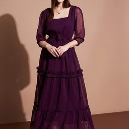 Deewa Square Neck Puff Sleeves Tiered Ruffled Georgette Maxi Dress-image-46