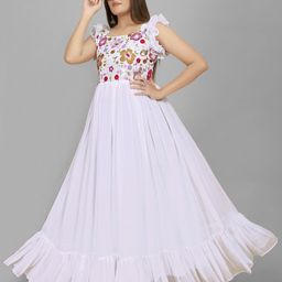 AKSHARAM Floral Print Square Neck Floral Georgette Maxi Dress-53