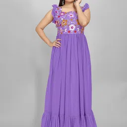 AKSHARAM Floral Print Flutter Sleeves Georgette Maxi Dress-image-32