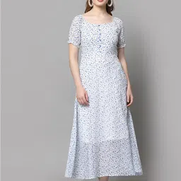 aayu Blue Floral Printed Puff Sleeves Fit & Flare Dress-image-77