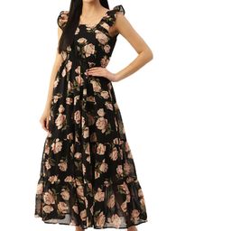 DressBerry Black Floral Printed Flutter Sleeves Georgette Tiered Gathered Maxi Dress-image-96