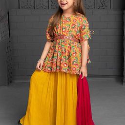 Lagorii Girls Printed Half Sleeves And Printed Mirror Worked Tunic with Palazzos-image-49