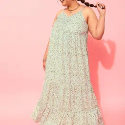 CURVY STREET Plus Size Sea Green & White Floral Printed Shoulder Straps Maxi Dress-picture-17